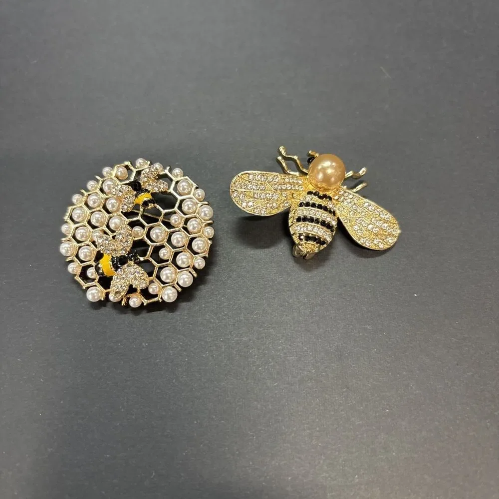 Bee Brooch Pendants Gold Tone Black Clear Rhinestones Faux Off White Pearl Pins
